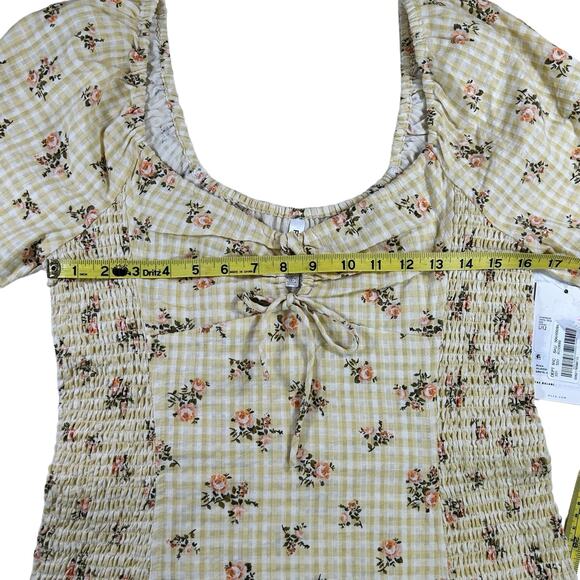 RVCA Dress Gretel Golden Floral Yellow Keyhole Tie Smocked Sides Cotton Mini - Picture 11 of 12